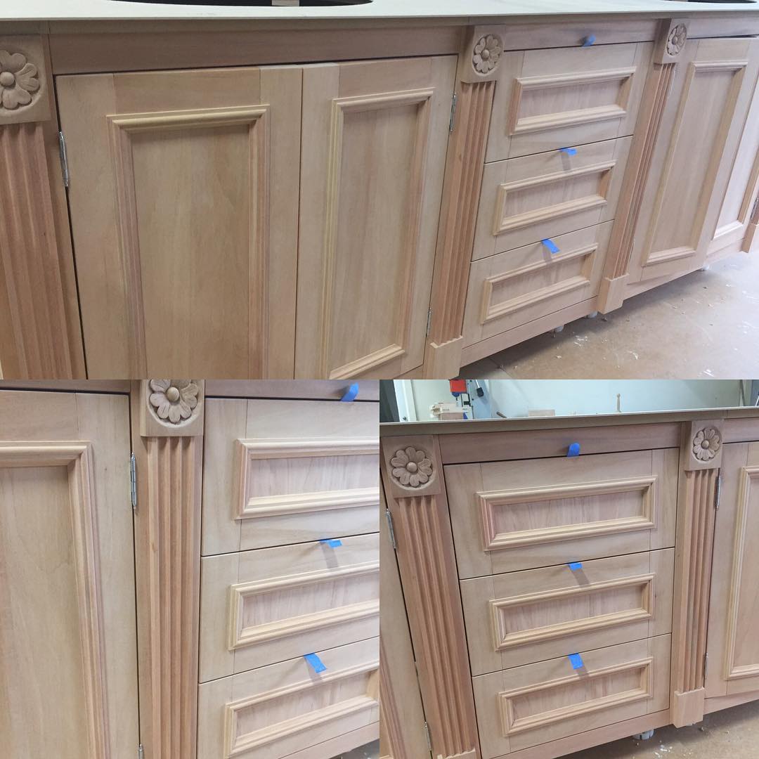 Ready to be stained and clear coated.  Custom made Mahogany Vanity unit with face frame cabinetry, frame constructed doors with recessed panel and custom profile.  Featuring hand carved roses and fluted columns. A beautiful piece of bespoke Joinery. 
.
.
.